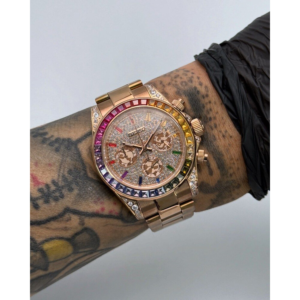 Custom Seiko Mod • Double Rainbow Pave Diamond Rose Gold Daytona • 39.5mm